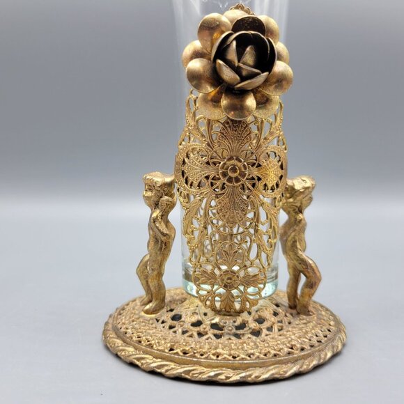 Antique Vintage Gold Brass Filigree Fluted Bud Vases Cherub Figural Design - Picture 2 of 16